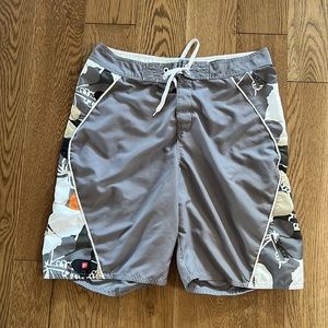 Gray Hawaiian Themed Swim Trunks